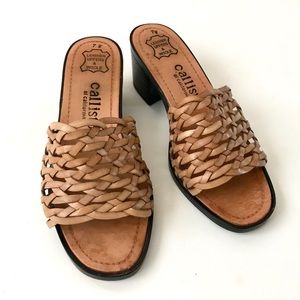 Callisto Woven Tan Leather Block Heel Slides